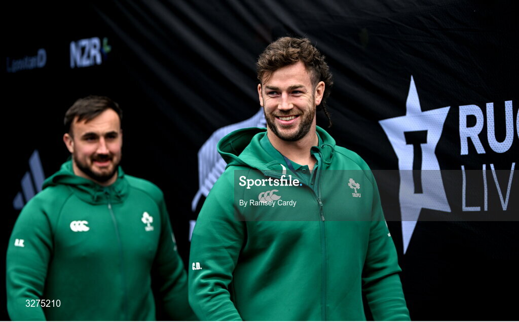 1 November 2025; Caelan Doris, right, and Ronan Kelleher of Ireland before the Gallagher Cup match between Ireland and New Zealand at Soldier Field in Chicago, USA. Photo by Ramsey Cardy/Sportsfile