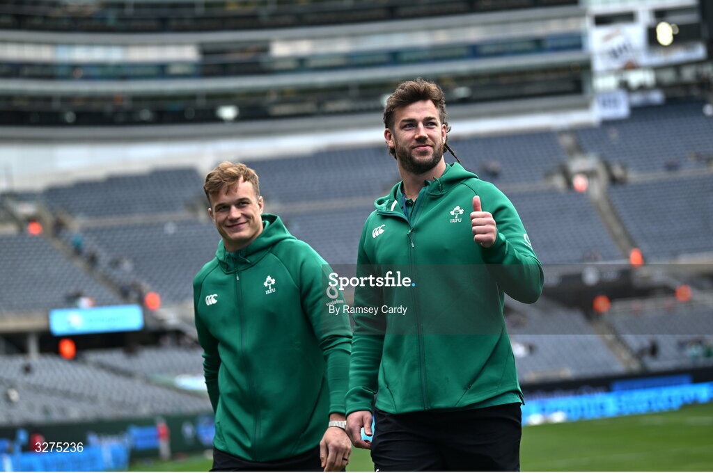 1 November 2025; Josh van der Flier, left, and Caelan Doris of Ireland before the Gallagher Cup match between Ireland and New Zealand at Soldier Field in Chicago, USA. Photo by Ramsey Cardy/Sportsfile