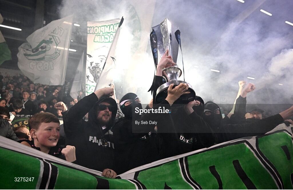 1 November 2025; Shamrock Rovers supporters celebrate with the trophy after the SSE Airtricity Men's Premier Division match between Shamrock Rovers and Sligo Rovers at Tallaght Stadium in Dublin. Photo by Seb Daly/Sportsfile