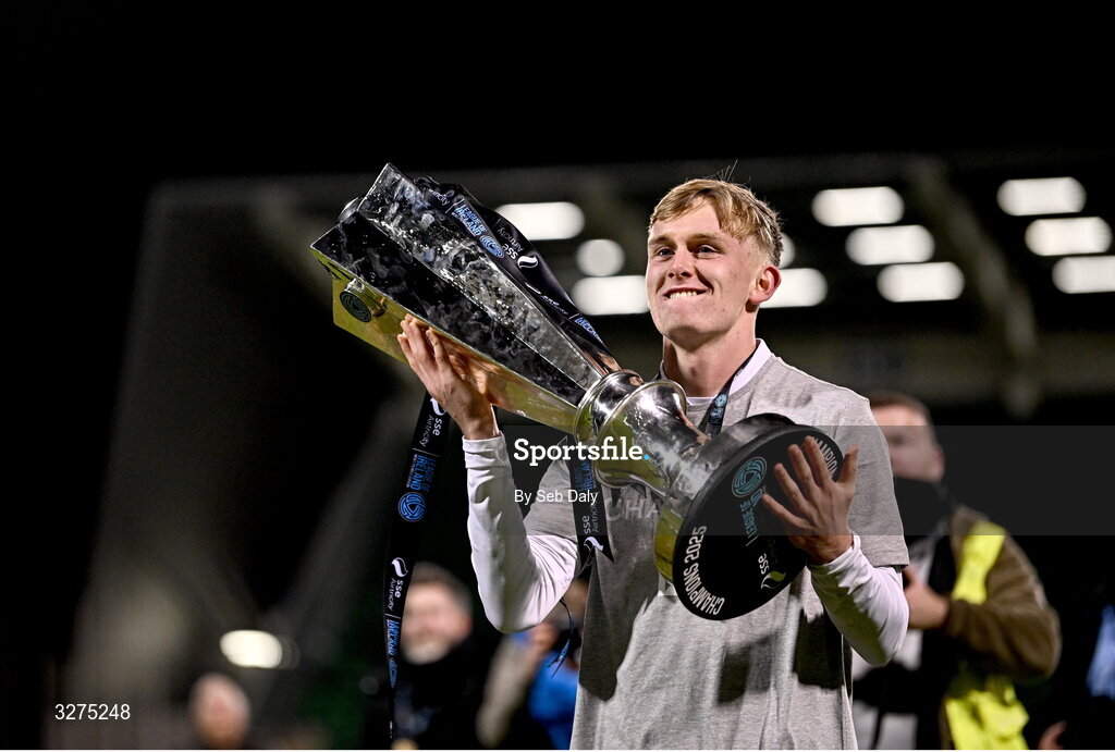 1 November 2025; Michael Noonan of Shamrock Rovers celebrates with the SSE Airtricity Men's Premier Division trophy after the SSE Airtricity Men's Premier Division match between Shamrock Rovers and Sligo Rovers at Tallaght Stadium in Dublin. Photo by Seb Daly/Sportsfile