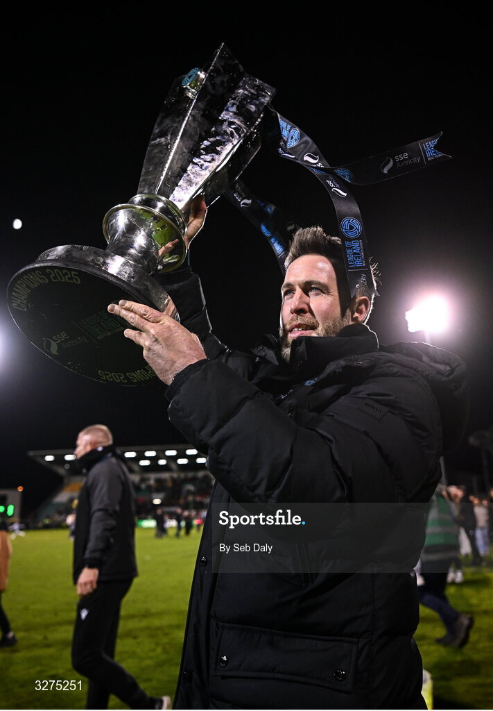1 November 2025; Shamrock Rovers manager Stephen Bradley celebrates with the SSE Airtricity Men's Premier Division trophy after the SSE Airtricity Men's Premier Division match between Shamrock Rovers and Sligo Rovers at Tallaght Stadium in Dublin. Photo by Seb Daly/Sportsfile