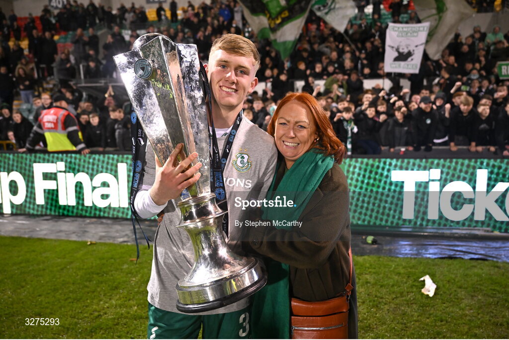 1 November 2025; Michael Noonan of Shamrock Rovers and his mother Sandie celebrate with the trophy after the SSE Airtricity Men's Premier Division match between Shamrock Rovers and Sligo Rovers at Tallaght Stadium in Dublin. Photo by Stephen McCarthy/Sportsfile