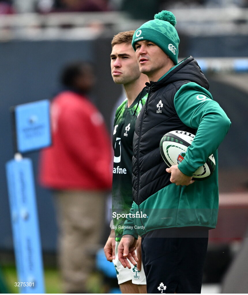 1 November 2025; Jack Crowley of Ireland, left, and assistant coach Jonathan Sexton before the Gallagher Cup match between Ireland and New Zealand at Soldier Field in Chicago, USA. Photo by Ramsey Cardy/Sportsfile