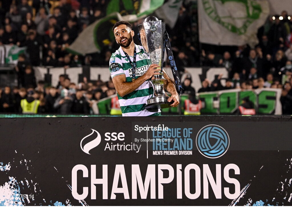 1 November 2025; Roberto Lopes of Shamrock Rovers celebrates with the SSE Airtricity Men's Premier Division trophy after the SSE Airtricity Men's Premier Division match between Shamrock Rovers and Sligo Rovers at Tallaght Stadium in Dublin. Photo by Stephen McCarthy/Sportsfile