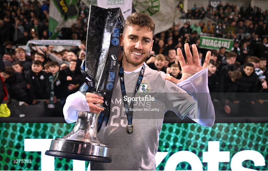 1 November 2025; Dylan Watts of Shamrock Rovers celebrates with the SSE Airtricity Men's Premier Division trophy after the SSE Airtricity Men's Premier Division match between Shamrock Rovers and Sligo Rovers at Tallaght Stadium in Dublin. Photo by Stephen McCarthy/Sportsfile