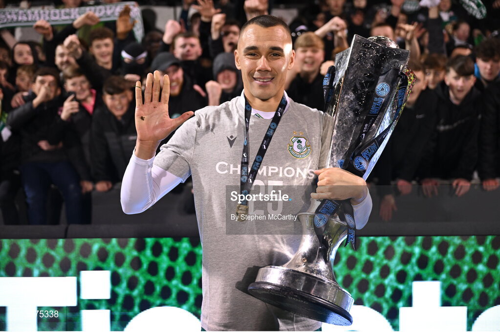 1 November 2025; Graham Burke of Shamrock Rovers celebrates with the SSE Airtricity Men's Premier Division trophy after the SSE Airtricity Men's Premier Division match between Shamrock Rovers and Sligo Rovers at Tallaght Stadium in Dublin. Photo by Stephen McCarthy/Sportsfile