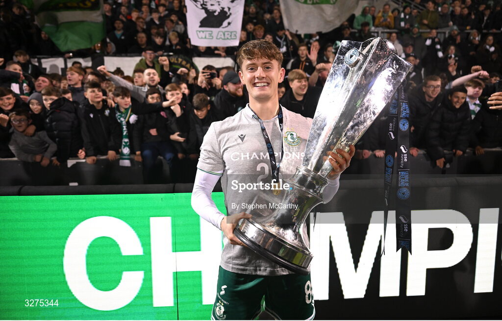 1 November 2025; John McGovern of Shamrock Rovers celebrates with the SSE Airtricity Men's Premier Division trophy after the SSE Airtricity Men's Premier Division match between Shamrock Rovers and Sligo Rovers at Tallaght Stadium in Dublin. Photo by Stephen McCarthy/Sportsfile