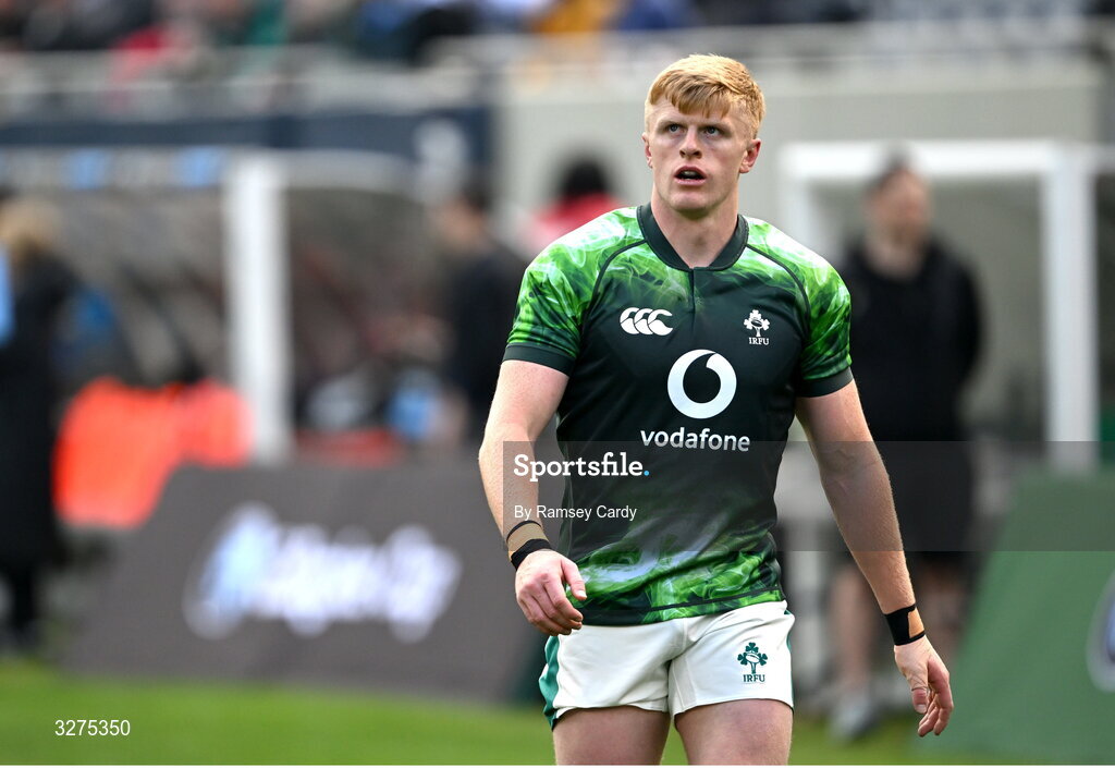 1 November 2025; Tommy O'Brien of Ireland before the Gallagher Cup match between Ireland and New Zealand at Soldier Field in Chicago, USA. Photo by Ramsey Cardy/Sportsfile
