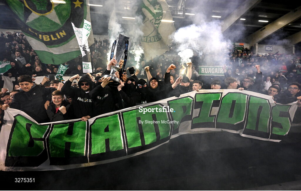 1 November 2025; Shamrock Rovers supporters celebrate with the SSE Airtricity Men's Premier Division trophy after the SSE Airtricity Men's Premier Division match between Shamrock Rovers and Sligo Rovers at Tallaght Stadium in Dublin. Photo by Stephen McCarthy/Sportsfile
