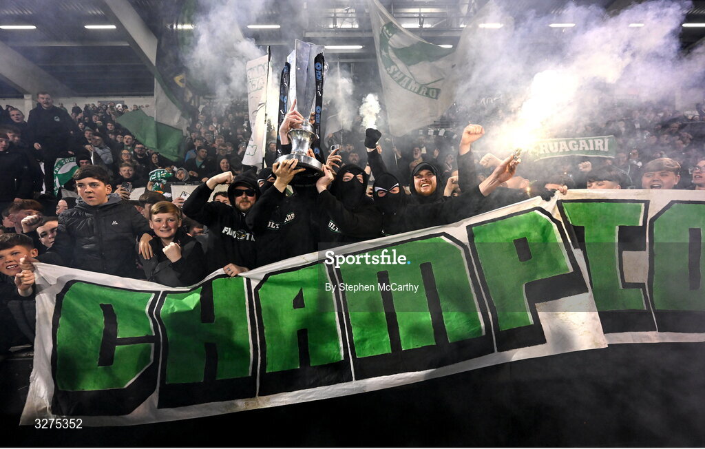 1 November 2025; Shamrock Rovers supporters celebrate with the SSE Airtricity Men's Premier Division trophy after the SSE Airtricity Men's Premier Division match between Shamrock Rovers and Sligo Rovers at Tallaght Stadium in Dublin. Photo by Stephen McCarthy/Sportsfile