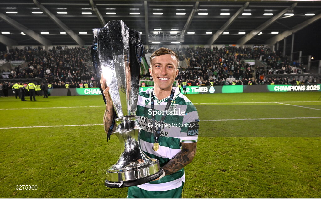 1 November 2025; Danny Grant of Shamrock Rovers celebrates with the SSE Airtricity Men's Premier Division trophy after the SSE Airtricity Men's Premier Division match between Shamrock Rovers and Sligo Rovers at Tallaght Stadium in Dublin. Photo by Stephen McCarthy/Sportsfile