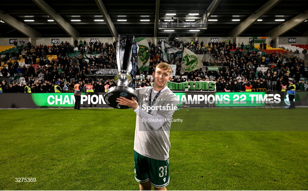 1 November 2025; Michael Noonan of Shamrock Rovers celebrates with the SSE Airtricity Men's Premier Division trophy after the SSE Airtricity Men's Premier Division match between Shamrock Rovers and Sligo Rovers at Tallaght Stadium in Dublin. Photo by Stephen McCarthy/Sportsfile