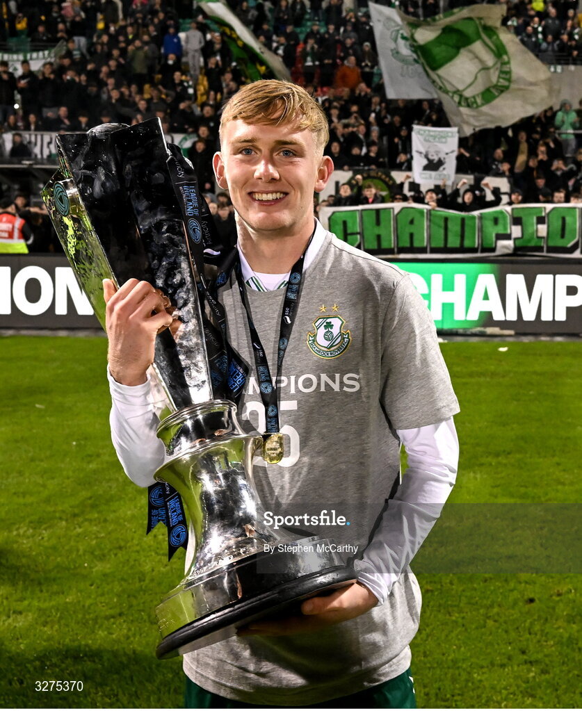 1 November 2025; Michael Noonan of Shamrock Rovers celebrates with the SSE Airtricity Men's Premier Division trophy after the SSE Airtricity Men's Premier Division match between Shamrock Rovers and Sligo Rovers at Tallaght Stadium in Dublin. Photo by Stephen McCarthy/Sportsfile