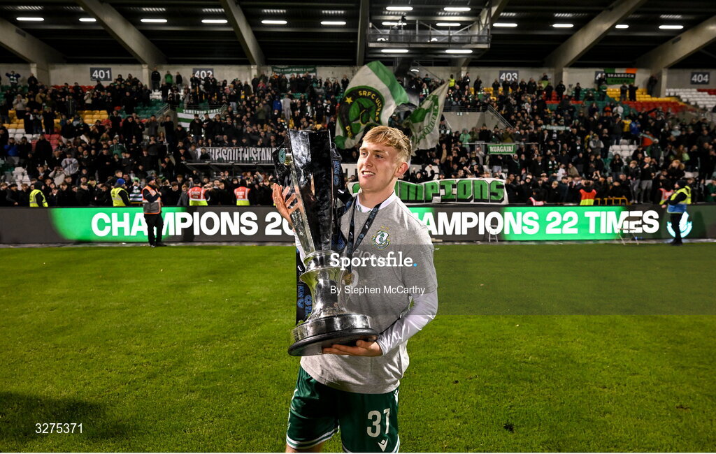 1 November 2025; Michael Noonan of Shamrock Rovers celebrates with the SSE Airtricity Men's Premier Division trophy after the SSE Airtricity Men's Premier Division match between Shamrock Rovers and Sligo Rovers at Tallaght Stadium in Dublin. Photo by Stephen McCarthy/Sportsfile
