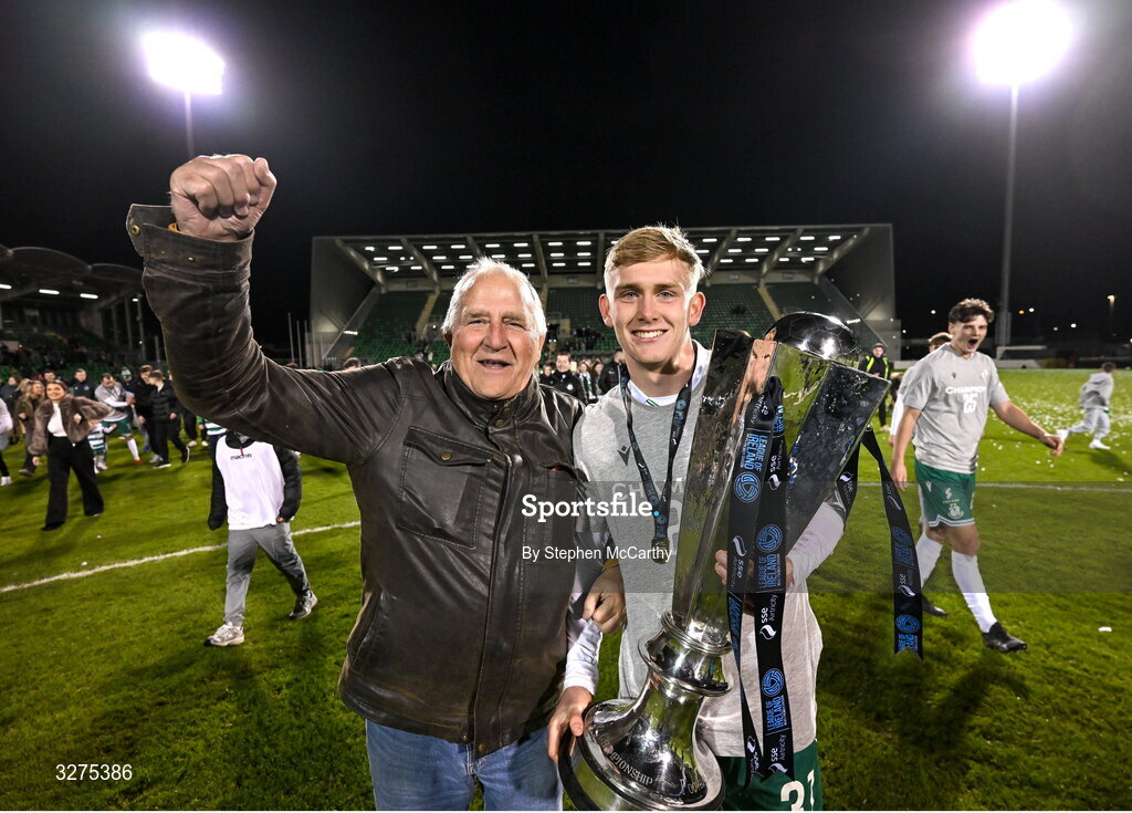 1 November 2025; Michael Noonan of Shamrock Rovers celebrates with his grandad John after the SSE Airtricity Men's Premier Division match between Shamrock Rovers and Sligo Rovers at Tallaght Stadium in Dublin. Photo by Stephen McCarthy/Sportsfile