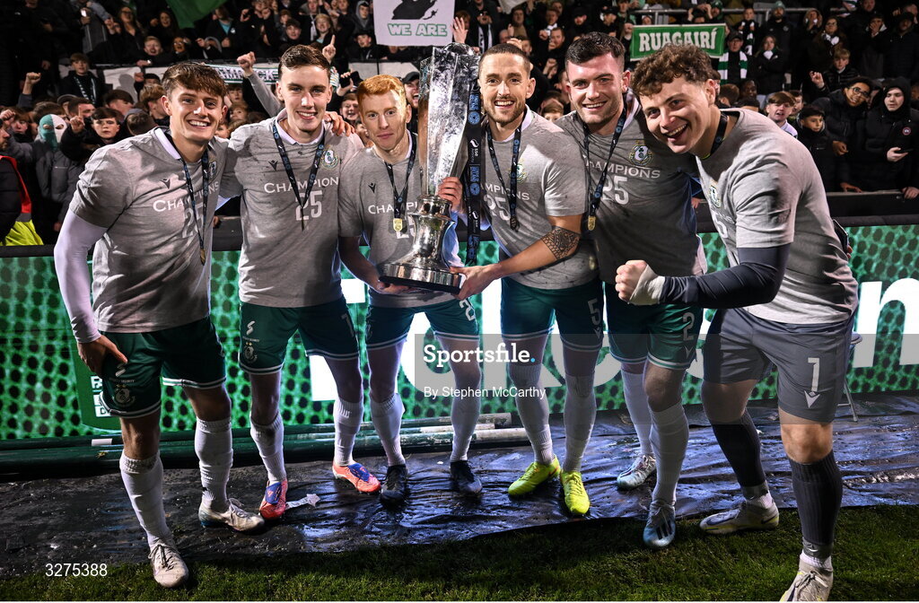 1 November 2025; Shamrock Rovers players, from left, John McGovern, Matt Healy, Rory Gaffney, Lee Grace, Josh Honohan and Ed McGinty celebrates with the SSE Airtricity Men's Premier Division trophy after the SSE Airtricity Men's Premier Division match between Shamrock Rovers and Sligo Rovers at Tallaght Stadium in Dublin. Photo by Stephen McCarthy/Sportsfile