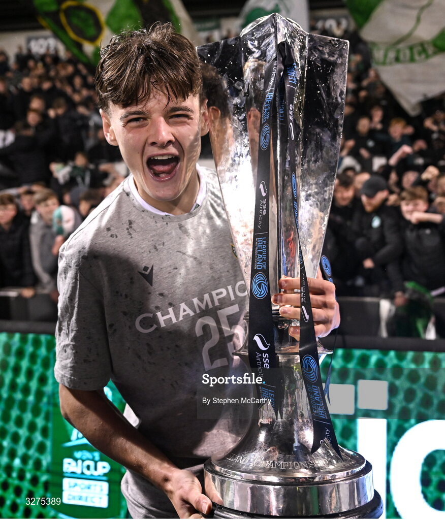 1 November 2025; Egor Vassenin of Shamrock Rovers celebrates with the SSE Airtricity Men's Premier Division trophy after the SSE Airtricity Men's Premier Division match between Shamrock Rovers and Sligo Rovers at Tallaght Stadium in Dublin. Photo by Stephen McCarthy/Sportsfile