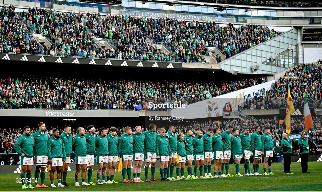 1 November 2025; Ireland players stand for the playing of the national anthems before the Gallagher Cup match between Ireland and New Zealand at Soldier Field in Chicago, USA. Photo by Ramsey Cardy/Sportsfile