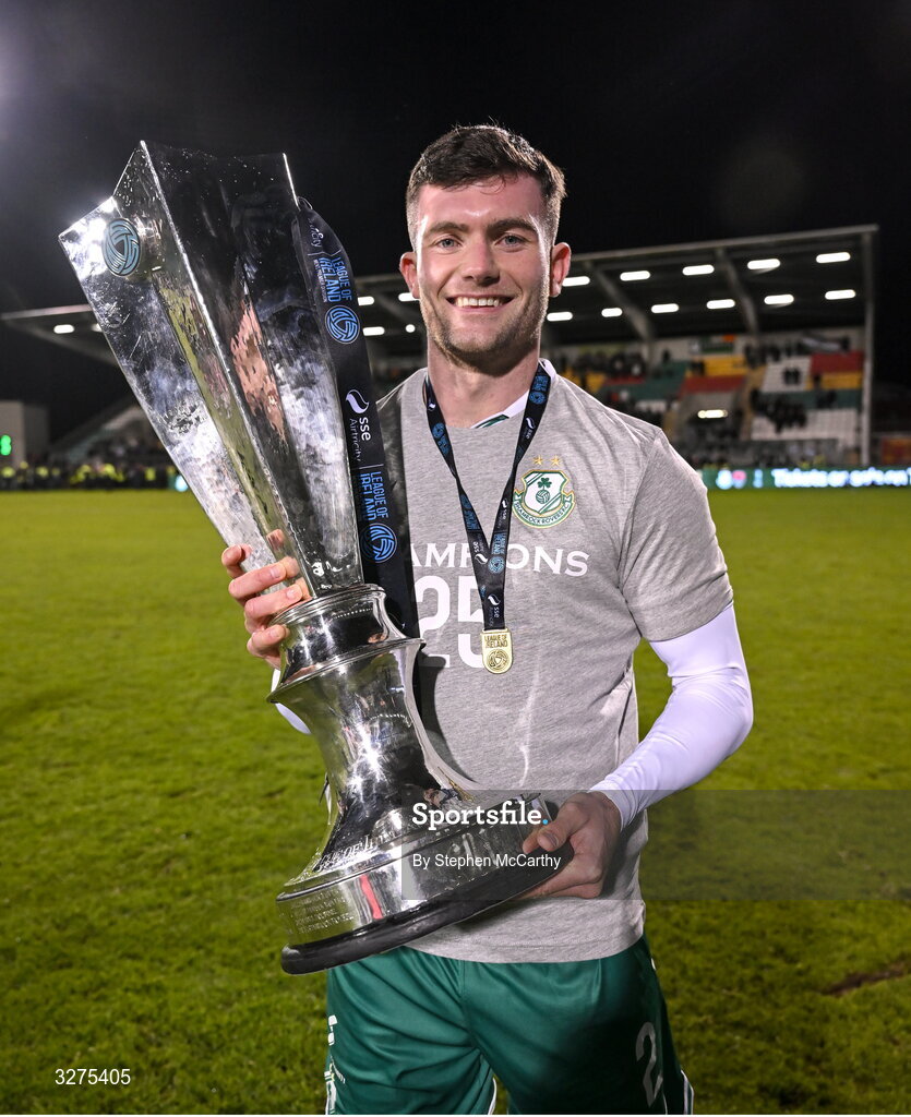1 November 2025; Josh Honohan of Shamrock Rovers celebrates with the SSE Airtricity Men's Premier Division trophy during the SSE Airtricity Men's Premier Division match between Shamrock Rovers and Sligo Rovers at Tallaght Stadium in Dublin. Photo by Stephen McCarthy/Sportsfile