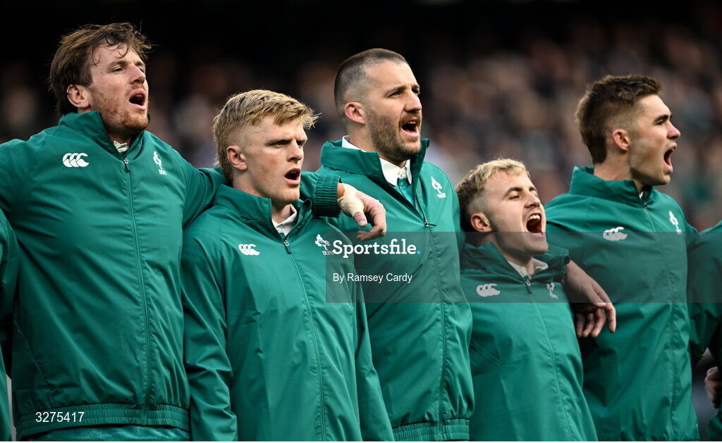 1 November 2025; Ireland players, from left, Ryan Baird, Tommy O'Brien, Stuart McCloskey, Craig Casey and Jack Crowley before the Gallagher Cup match between Ireland and New Zealand at Soldier Field in Chicago, USA. Photo by Ramsey Cardy/Sportsfile