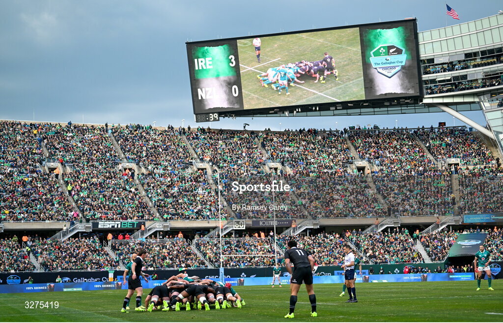 1 November 2025; A general view of a scrum during the Gallagher Cup match between Ireland and New Zealand at Soldier Field in Chicago, USA. Photo by Ramsey Cardy/Sportsfile