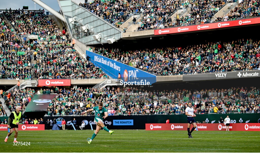 1 November 2025; Jack Crowley of Ireland kicks a conversion during the Gallagher Cup match between Ireland and New Zealand at Soldier Field in Chicago, USA. Photo by Ramsey Cardy/Sportsfile