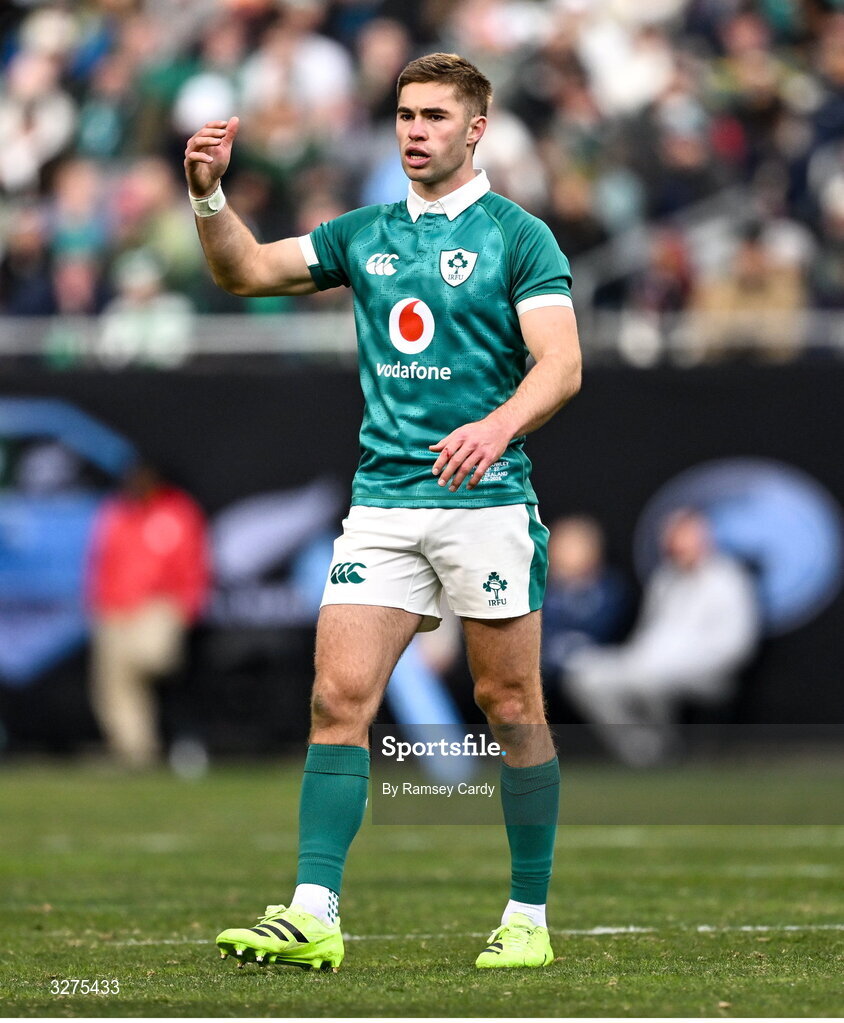 1 November 2025; Jack Crowley of Ireland during the Gallagher Cup match between Ireland and New Zealand at Soldier Field in Chicago, USA. Photo by Ramsey Cardy/Sportsfile