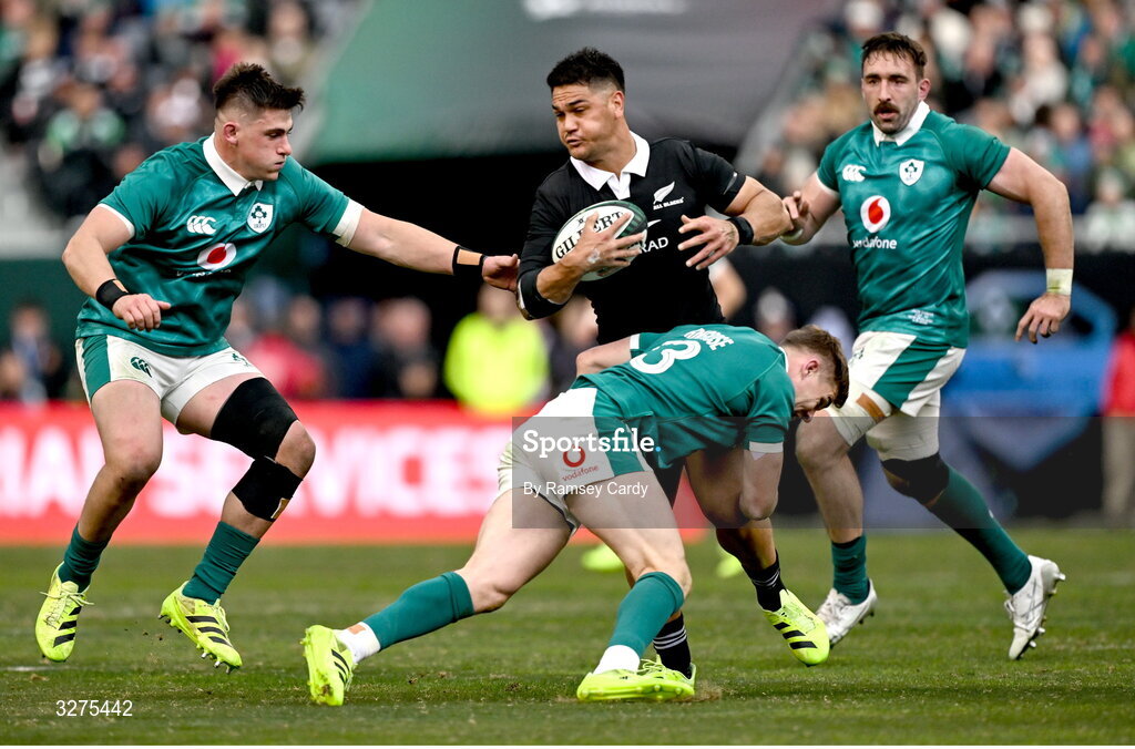 1 November 2025; Quinn Tupaea of New Zealand is tackled by Garry Ringrose of Ireland during the Gallagher Cup match between Ireland and New Zealand at Soldier Field in Chicago, USA. Photo by Ramsey Cardy/Sportsfile