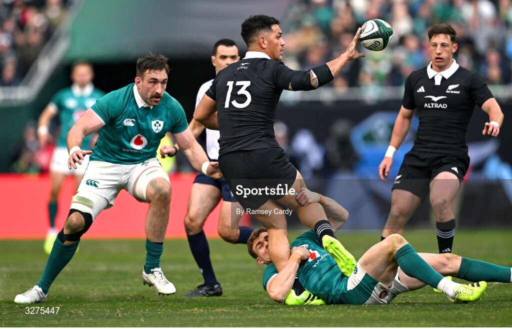 1 November 2025; Quinn Tupaea of New Zealand is tackled by Garry Ringrose of Ireland during the Gallagher Cup match between Ireland and New Zealand at Soldier Field in Chicago, USA. Photo by Ramsey Cardy/Sportsfile