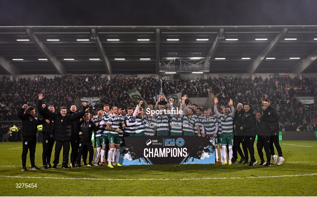 1 November 2025; Shamrock Rovers manager Stephen Bradley, left, and Shamrock Rovers assistant coach Glenn Cronin lift the SSE Airtricity Men's Premier Division trophy after the SSE Airtricity Men's Premier Division match between Shamrock Rovers and Sligo Rovers at Tallaght Stadium in Dublin. Photo by Stephen McCarthy/Sportsfile