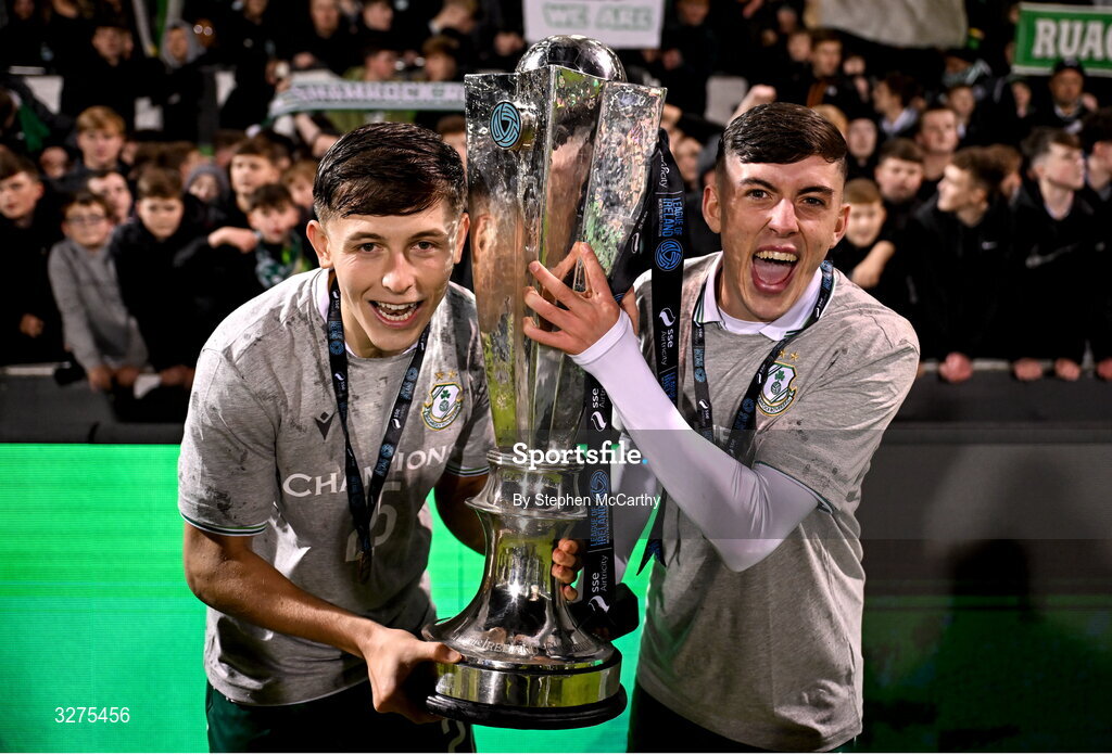 1 November 2025; Cian Barrett, left, and Cory O'Sullivan of Shamrock Rovers before the SSE Airtricity Men's Premier Division match between Shamrock Rovers and Sligo Rovers at Tallaght Stadium in Dublin. Photo by Stephen McCarthy/Sportsfile