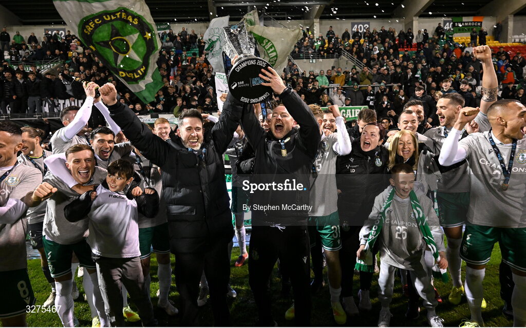 1 November 2025; Shamrock Rovers manager Stephen Bradley, left, and Shamrock Rovers assistant coach Glenn Cronin lift the SSE Airtricity Men's Premier Division trophy after the SSE Airtricity Men's Premier Division match between Shamrock Rovers and Sligo Rovers at Tallaght Stadium in Dublin. Photo by Stephen McCarthy/Sportsfile