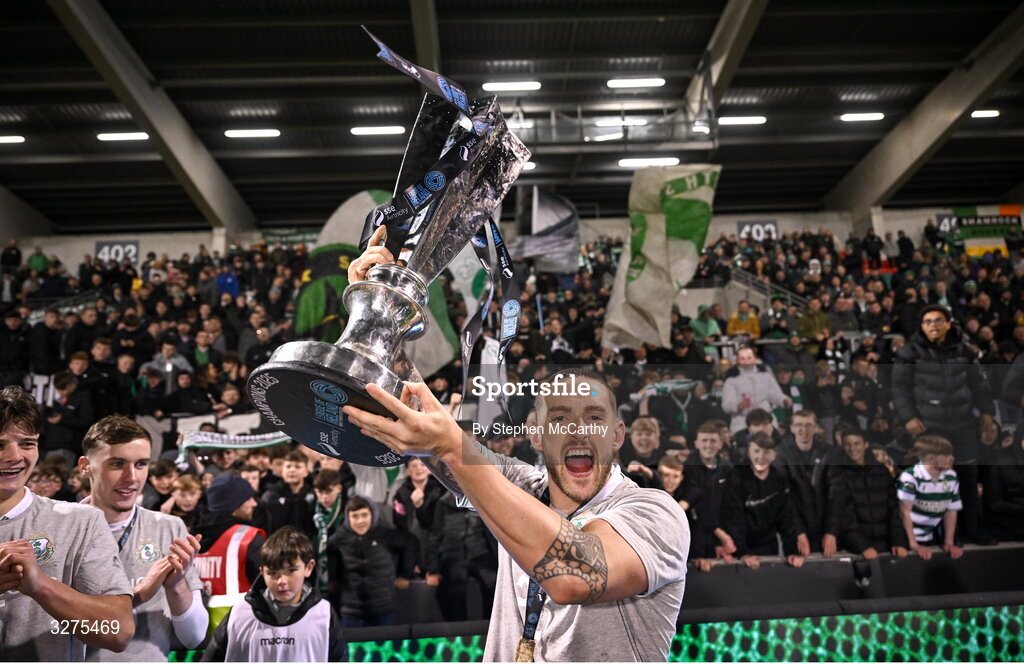 1 November 2025; Lee Grace of Shamrock Rovers celebrates with the SSE Airtricity Men's Premier Division trophy after the SSE Airtricity Men's Premier Division match between Shamrock Rovers and Sligo Rovers at Tallaght Stadium in Dublin. Photo by Stephen McCarthy/Sportsfile
