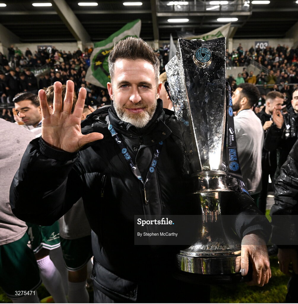 1 November 2025; Shamrock Rovers manager Stephen Bradley celebrates with the SSE Airtricity Men's Premier Division trophy after the SSE Airtricity Men's Premier Division match between Shamrock Rovers and Sligo Rovers at Tallaght Stadium in Dublin. Photo by Stephen McCarthy/Sportsfile