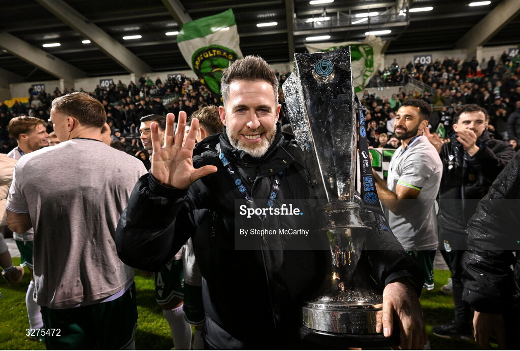 1 November 2025; Shamrock Rovers manager Stephen Bradley celebrates with the SSE Airtricity Men's Premier Division trophy after the SSE Airtricity Men's Premier Division match between Shamrock Rovers and Sligo Rovers at Tallaght Stadium in Dublin. Photo by Stephen McCarthy/Sportsfile