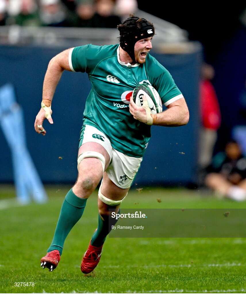 1 November 2025; Ryan Baird of Ireland during the Gallagher Cup match between Ireland and New Zealand at Soldier Field in Chicago, USA. Photo by Ramsey Cardy/Sportsfile