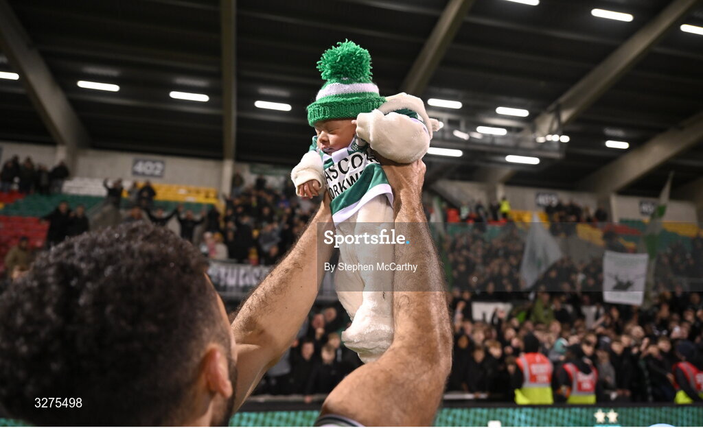 1 November 2025; Diego Lopes is held aloft in celebration by his father Roberto Lopes of Shamrock Rovers after the SSE Airtricity Men's Premier Division match between Shamrock Rovers and Sligo Rovers at Tallaght Stadium in Dublin. Photo by Stephen McCarthy/Sportsfile