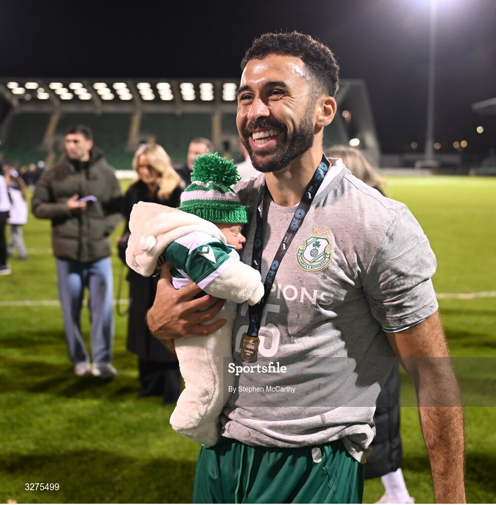 1 November 2025; Roberto Lopes of Shamrock Rovers celebrates with his son Diego after the SSE Airtricity Men's Premier Division match between Shamrock Rovers and Sligo Rovers at Tallaght Stadium in Dublin. Photo by Stephen McCarthy/Sportsfile