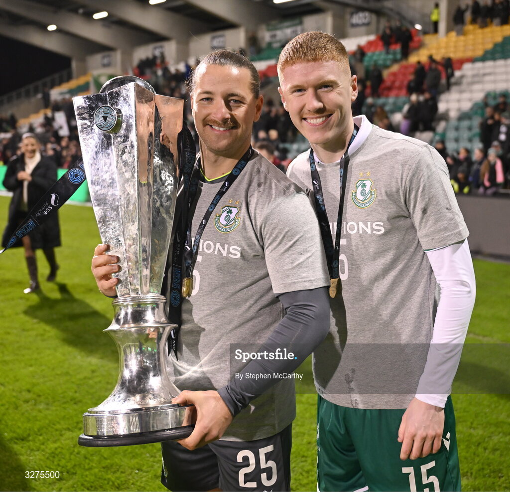 1 November 2025; Shamrock Rovers goalkeeper Lee Steacy, left, and Darragh Nugent of Shamrock Rovers celebrates with the SSE Airtricity Men's Premier Division trophy after the SSE Airtricity Men's Premier Division match between Shamrock Rovers and Sligo Rovers at Tallaght Stadium in Dublin. Photo by Stephen McCarthy/Sportsfile