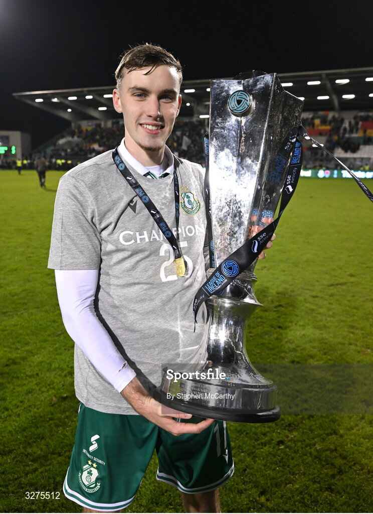 1 November 2025; Matt Healy of Shamrock Rovers celebrates with the SSE Airtricity Men's Premier Division trophy after the SSE Airtricity Men's Premier Division match between Shamrock Rovers and Sligo Rovers at Tallaght Stadium in Dublin. Photo by Stephen McCarthy/Sportsfile