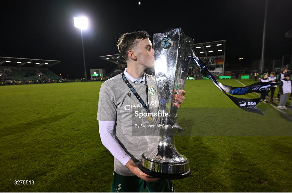 1 November 2025; Matt Healy of Shamrock Rovers celebrates with the SSE Airtricity Men's Premier Division trophy after the SSE Airtricity Men's Premier Division match between Shamrock Rovers and Sligo Rovers at Tallaght Stadium in Dublin. Photo by Stephen McCarthy/Sportsfile