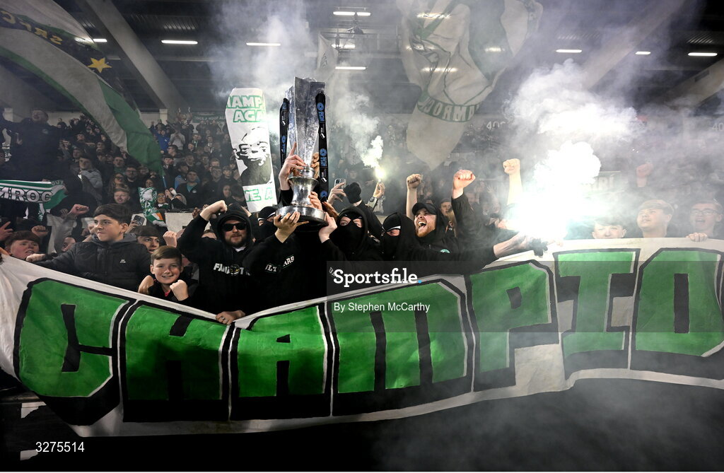 1 November 2025; Shamrock Rovers supporters celebrate with the SSE Airtricity Men's Premier Division trophy after the SSE Airtricity Men's Premier Division match between Shamrock Rovers and Sligo Rovers at Tallaght Stadium in Dublin. Photo by Stephen McCarthy/Sportsfile