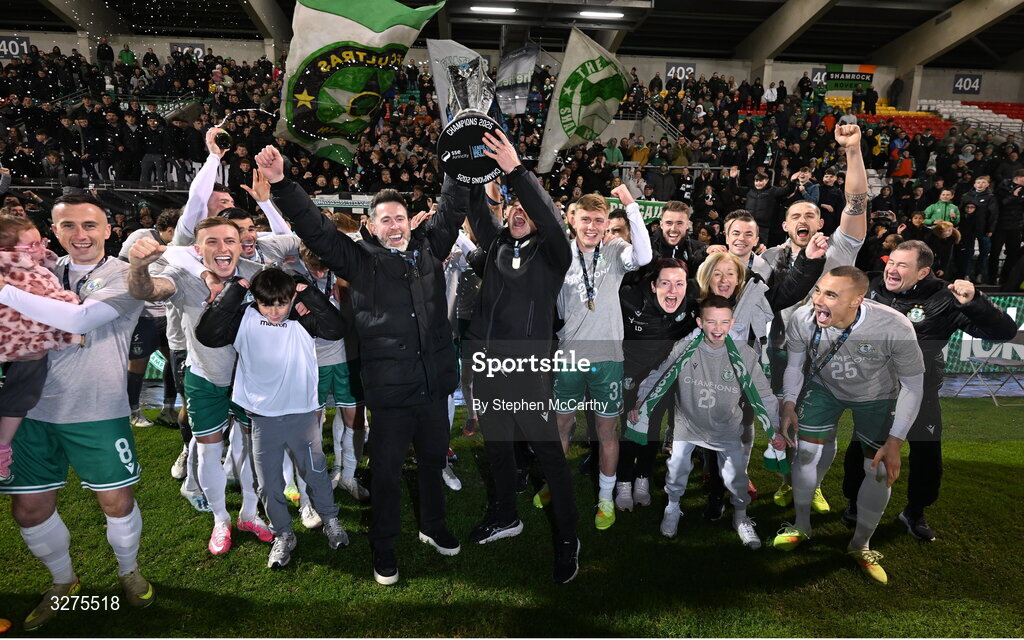 1 November 2025; Shamrock Rovers manager Stephen Bradley, left, and Shamrock Rovers assistant coach Glenn Cronin celebrates with the SSE Airtricity Men's Premier Division trophy after the SSE Airtricity Men's Premier Division match between Shamrock Rovers and Sligo Rovers at Tallaght Stadium in Dublin. Photo by Stephen McCarthy/Sportsfile