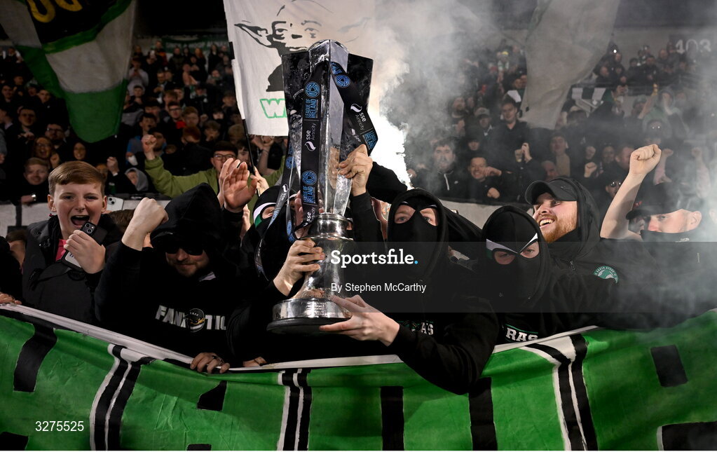 1 November 2025; Shamrock Rovers supporters celebrates with the SSE Airtricity Men's Premier Division trophy after the SSE Airtricity Men's Premier Division match between Shamrock Rovers and Sligo Rovers at Tallaght Stadium in Dublin. Photo by Stephen McCarthy/Sportsfile