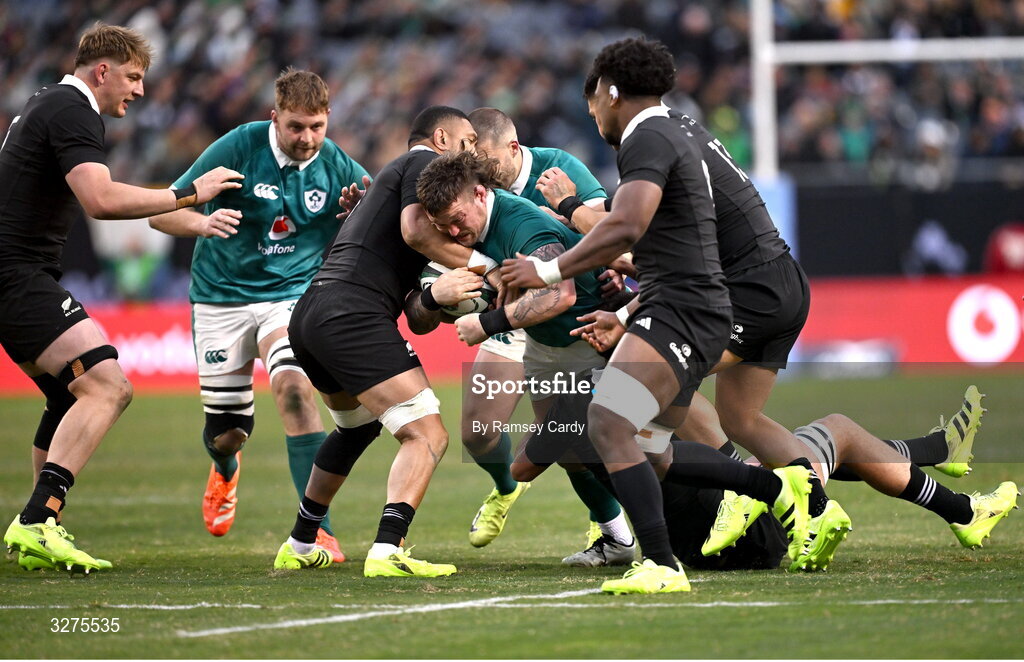 1 November 2025; Andrew Porter of Ireland in action against Ardie Savea of New Zealand during the Gallagher Cup match between Ireland and New Zealand at Soldier Field in Chicago, USA. Photo by Ramsey Cardy/Sportsfile
