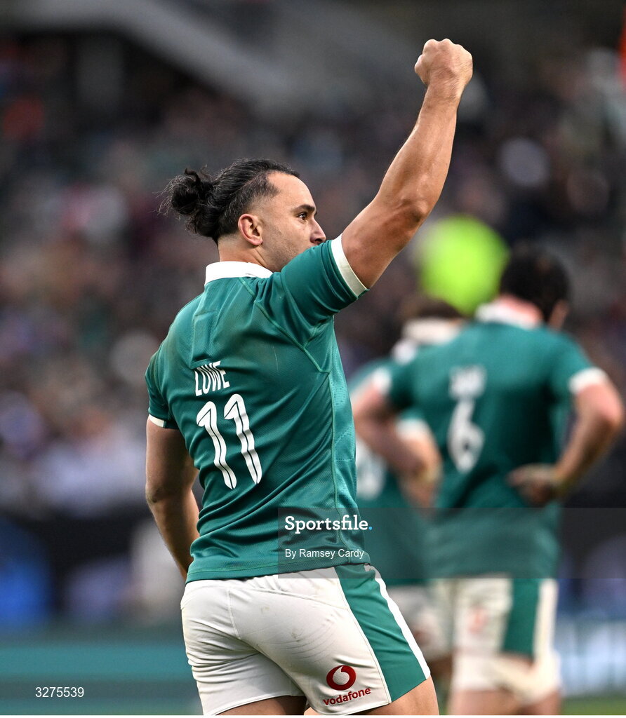 1 November 2025; James Lowe of Ireland reacts during the Gallagher Cup match between Ireland and New Zealand at Soldier Field in Chicago, USA. Photo by Ramsey Cardy/Sportsfile