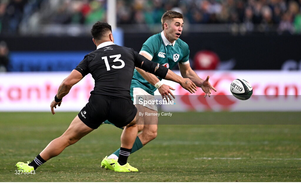 1 November 2025; Jack Crowley of Ireland in action against Quinn Tupaea of New Zealand during the Gallagher Cup match between Ireland and New Zealand at Soldier Field in Chicago, USA. Photo by Ramsey Cardy/Sportsfile