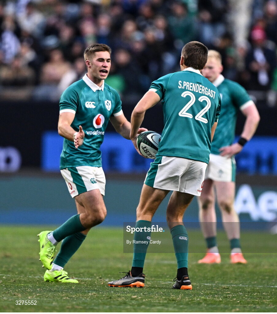1 November 2025; Sam Prendergast of Ireland, right, replaces team-mate Jack Crowley during the Gallagher Cup match between Ireland and New Zealand at Soldier Field in Chicago, USA. Photo by Ramsey Cardy/Sportsfile