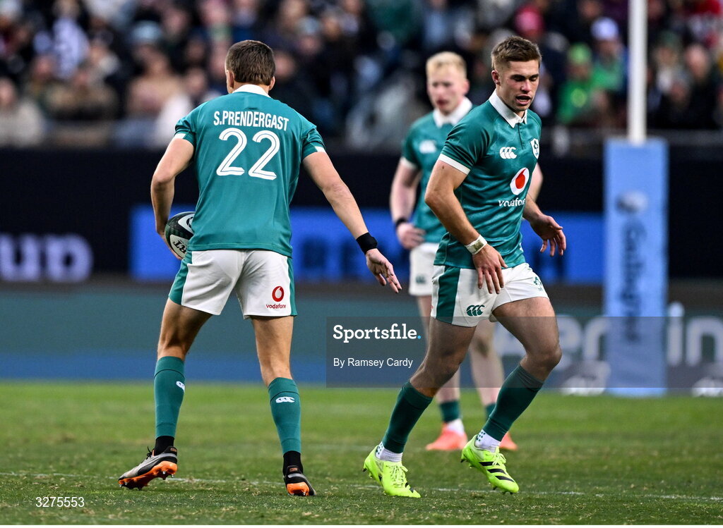 1 November 2025; Sam Prendergast of Ireland, left, replaces team-mate Jack Crowley, right, during the Gallagher Cup match between Ireland and New Zealand at Soldier Field in Chicago, USA. Photo by Ramsey Cardy/Sportsfile