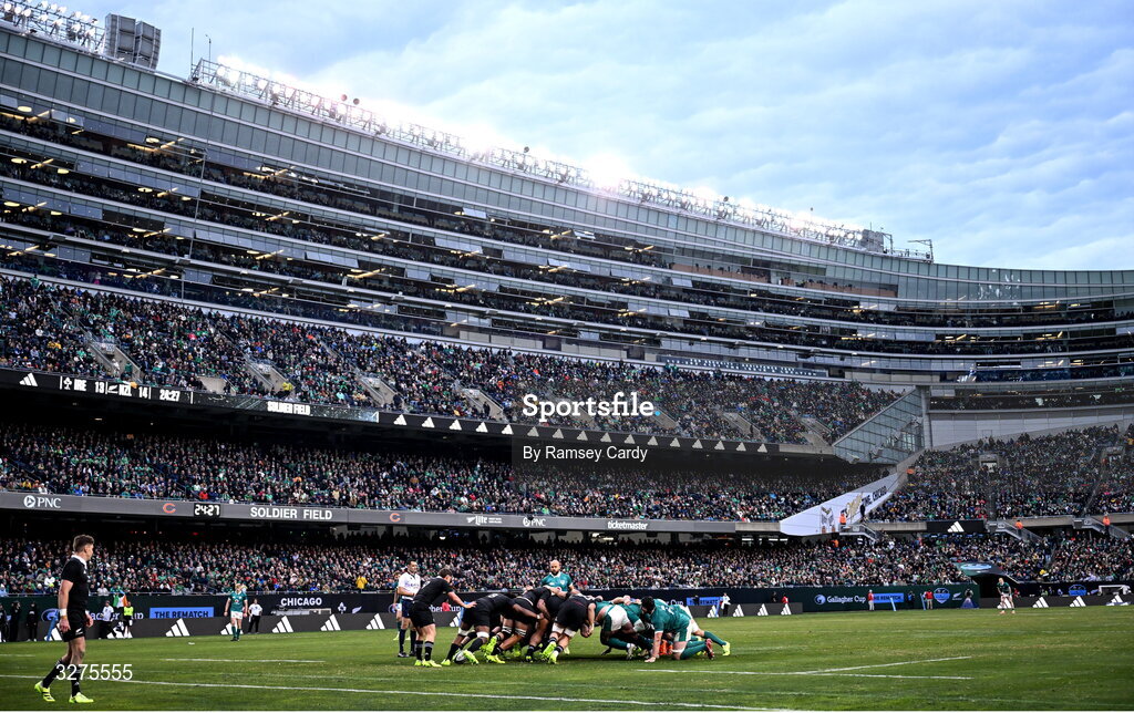 1 November 2025; A general view of a scrum during the Gallagher Cup match between Ireland and New Zealand at Soldier Field in Chicago, USA. Photo by Ramsey Cardy/Sportsfile